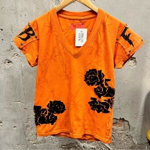 Blac Label Pink Orange Embroidered Grunge V-Neck Fitted T-Shirt Medium Floral